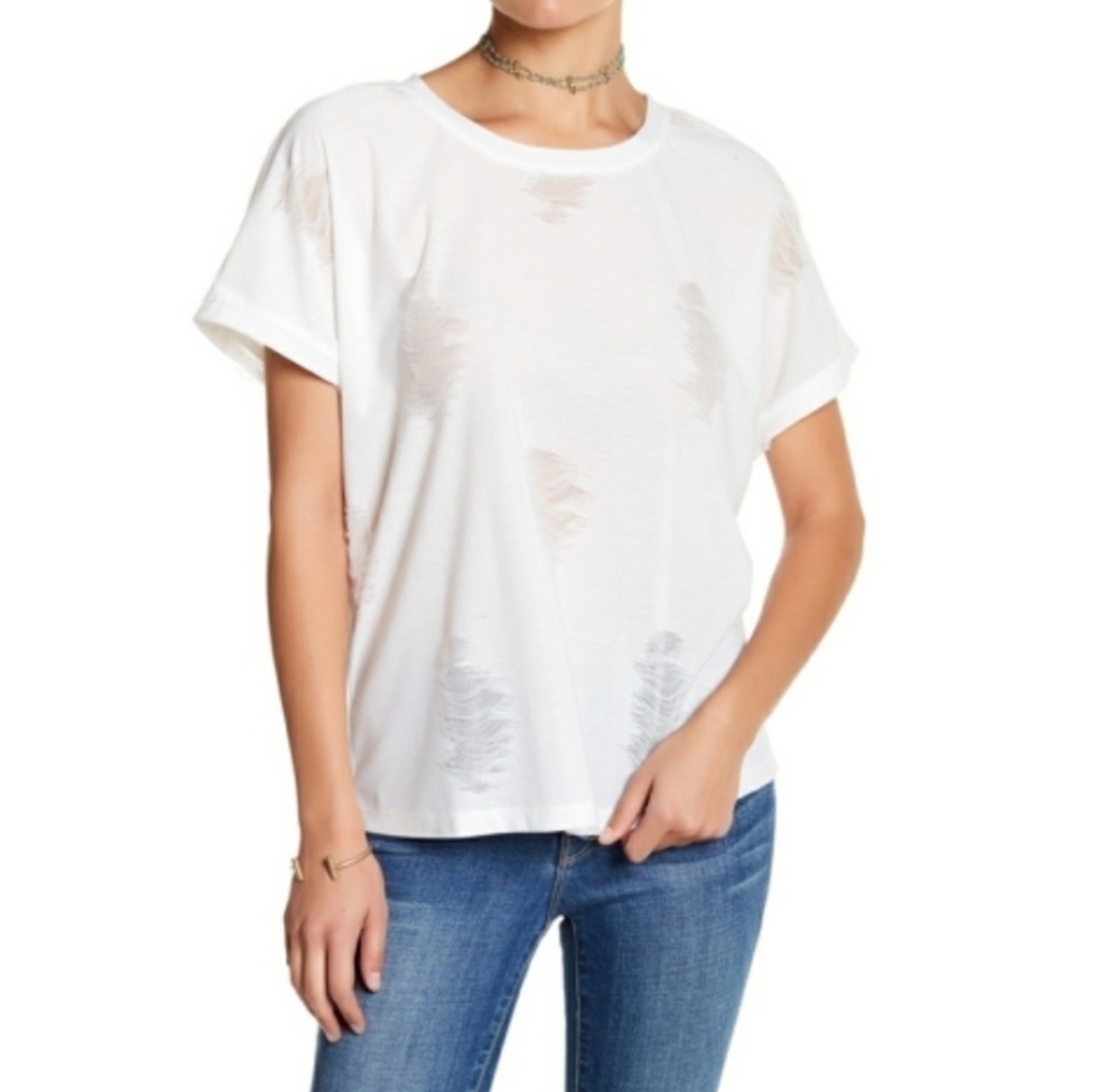 Socialite Shredded Distressed Short Sleeve White T-Shirt Size Small